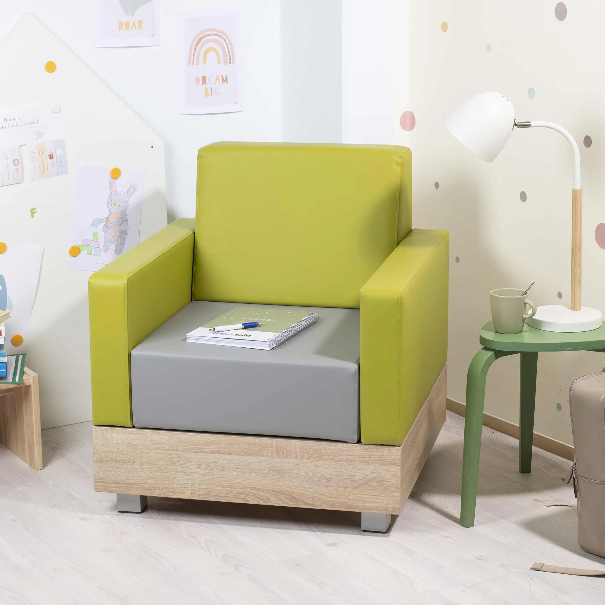 Sessel, Kinderzimmer, Grün, GrauKissen, Holzbasis