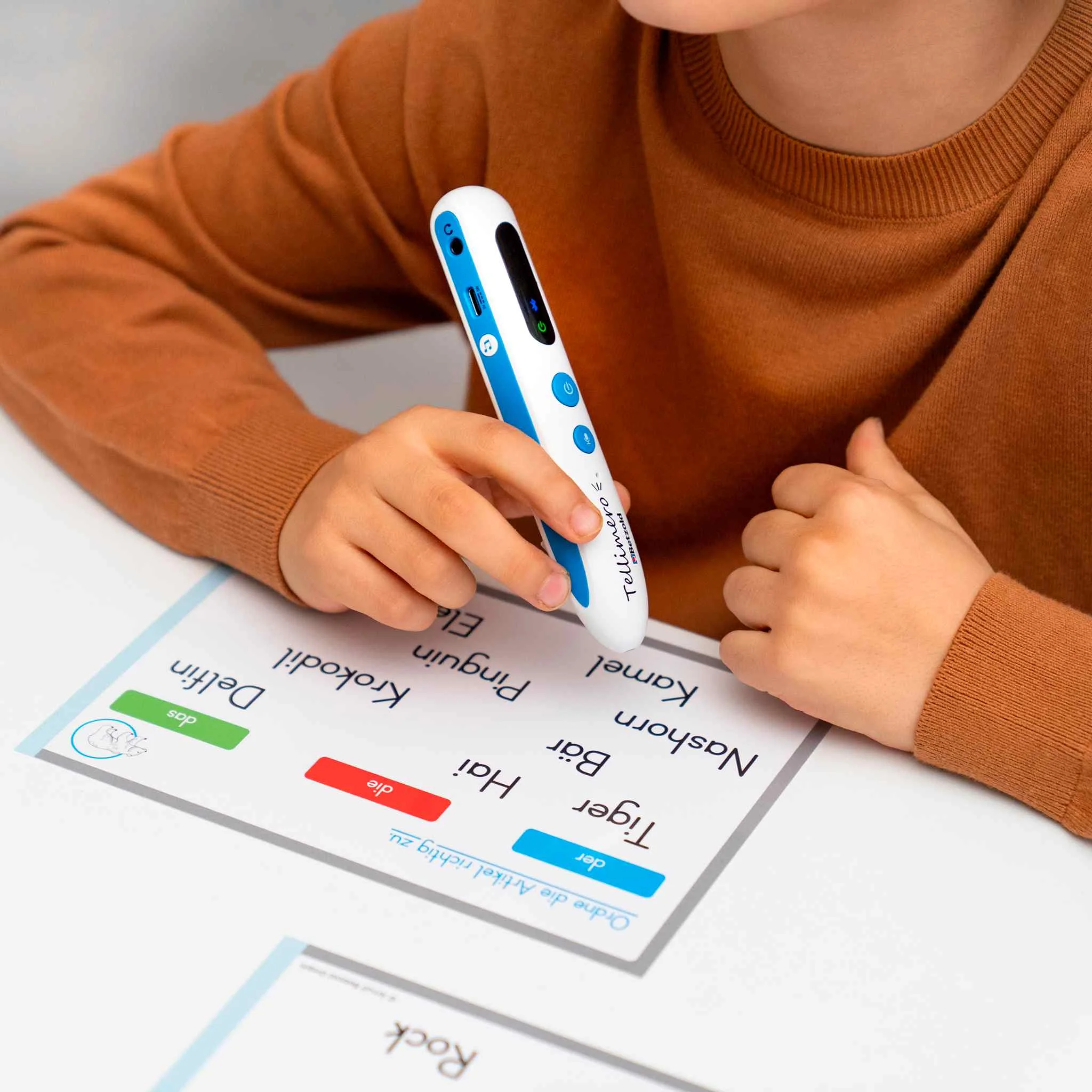 Lernstift, Audiostift, elektronischer Stift, weiß-blau, USB-Anschluss