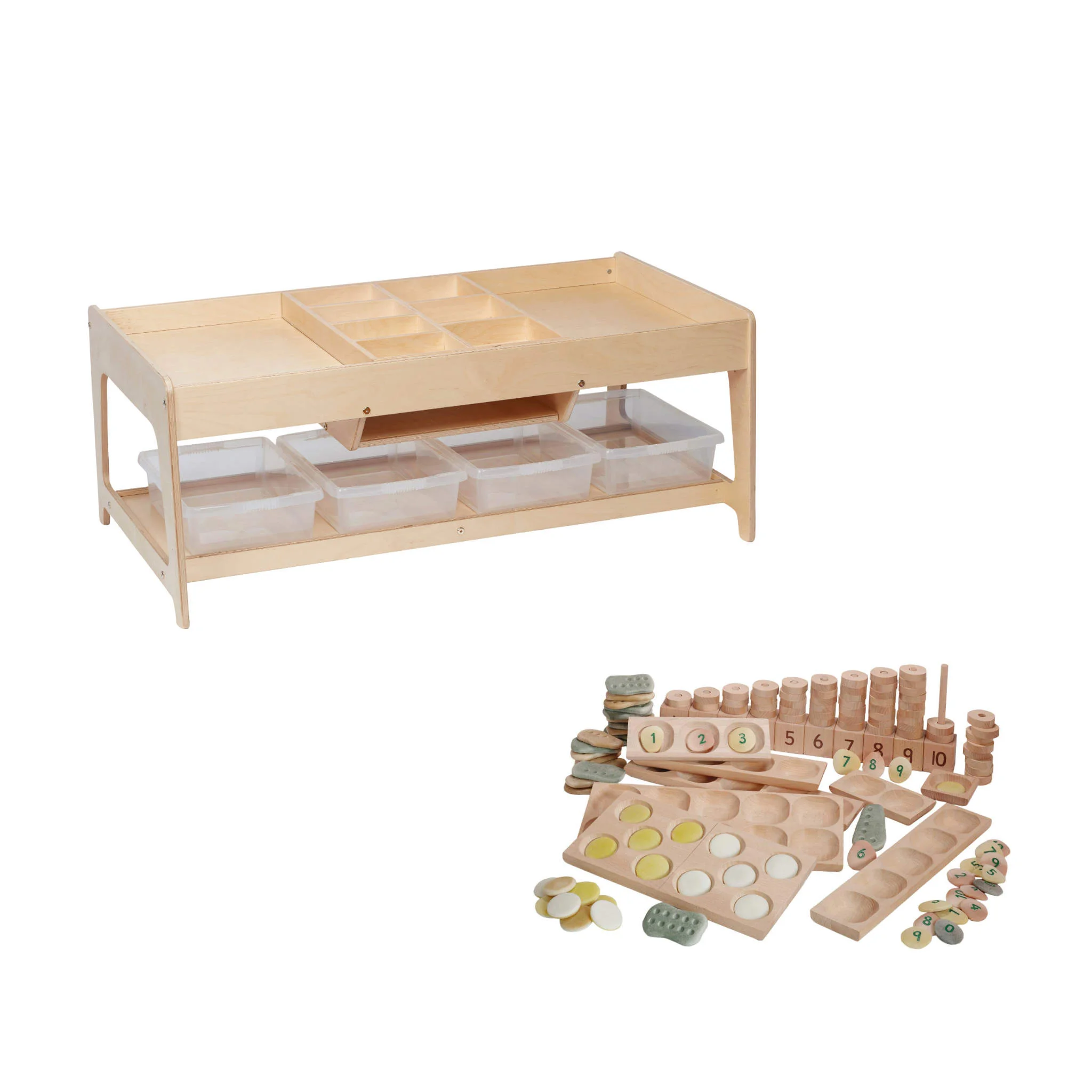 Spieltisch + Mathe-Set, mit 4 Kunststoffboxen