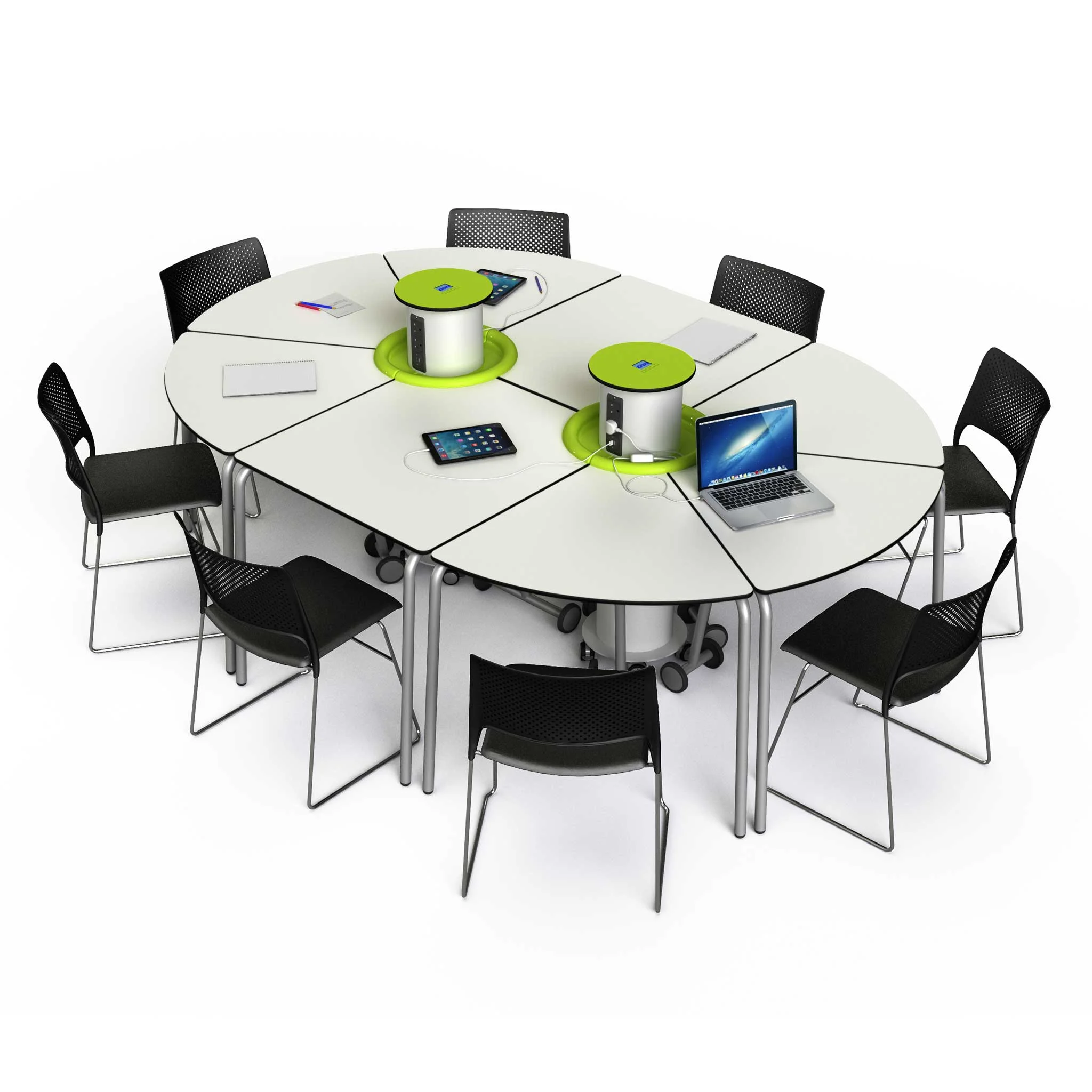 runder-tisch, konferenztisch,  modular, schwarze-stühle, laptop-tablet-anordnung