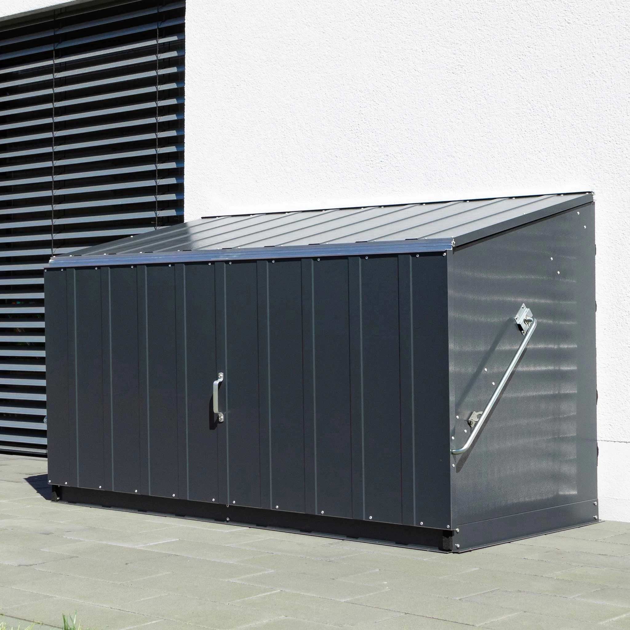 Aufbewahrungsbox, Außenkabinet, Metallgehäuse, Lattenwand?, dunkelgrau