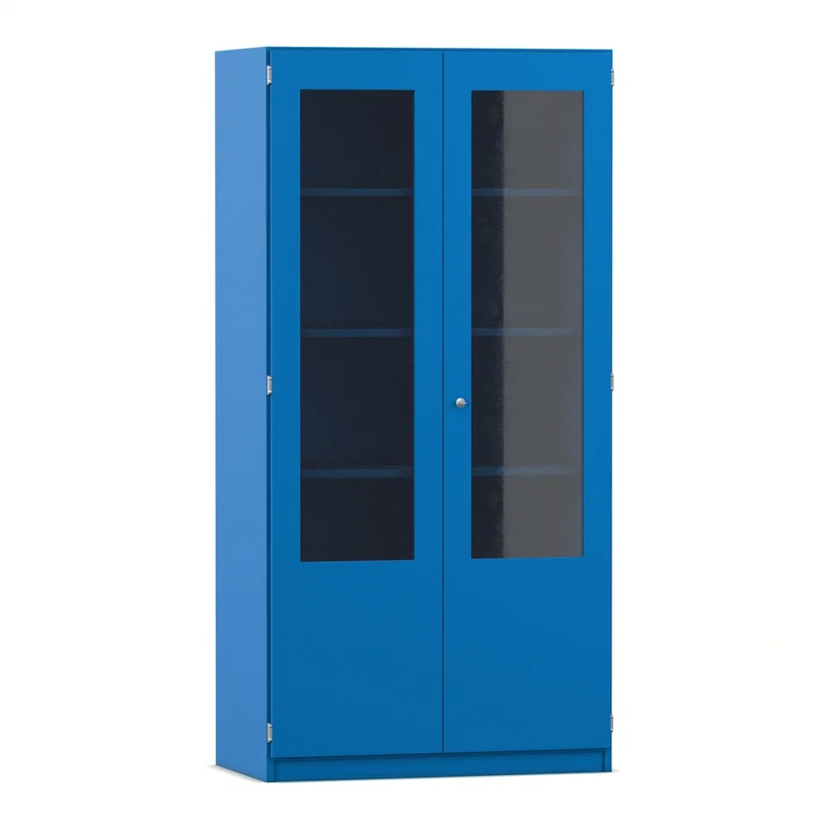 Schrank, Vitrinen-Schrank, Metall, Blaue Farbe, Glaseinsicht
