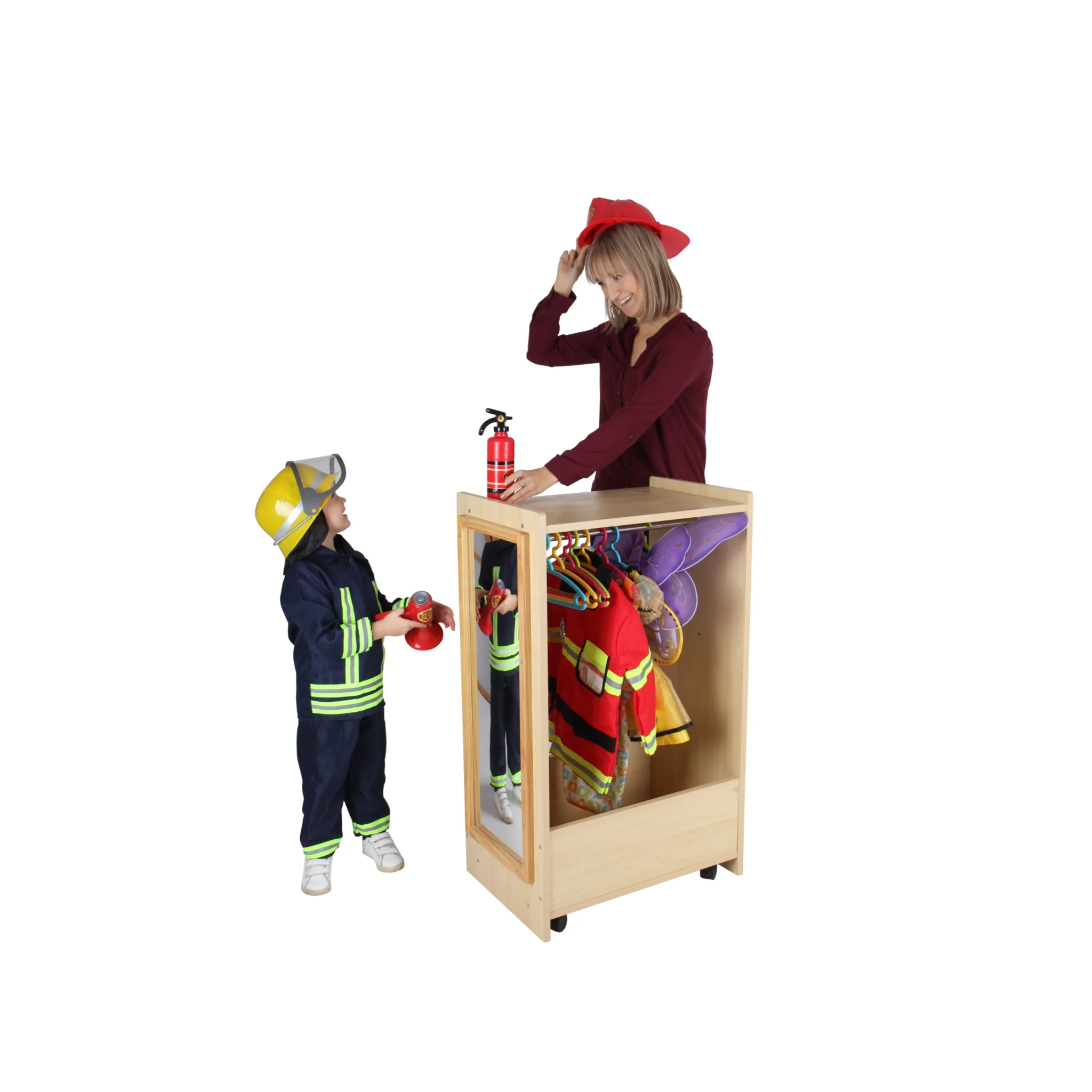 Holzkleiderschrank, Kleiderschrank, Feuerwehroutfit, Feuerwehrhelm, Spielzeug