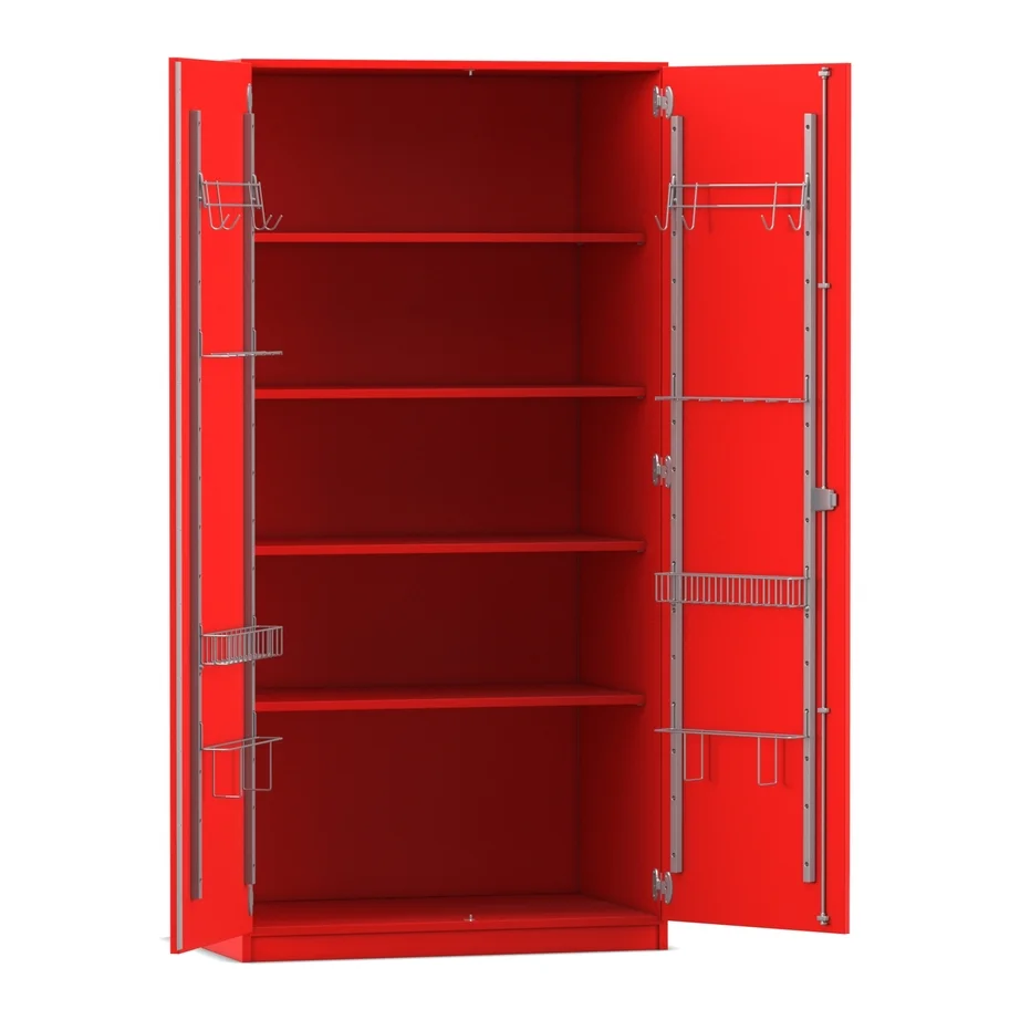 Schrank, Aufbewahrung, Regal, Metallbeschläge, rot