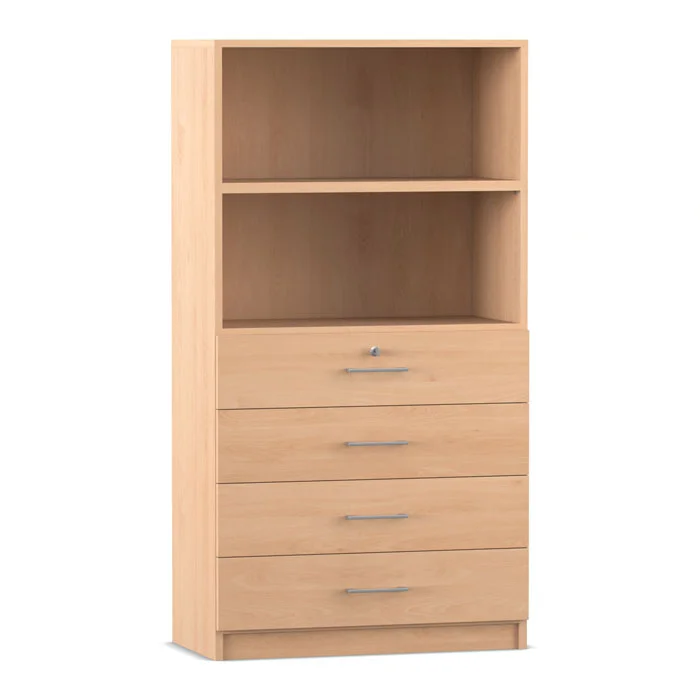 FLEXEO® Office – Schubladen-Schrank mit 4 flachen Schubladen H: 150,5 cm, Bogengriff mit Schloss