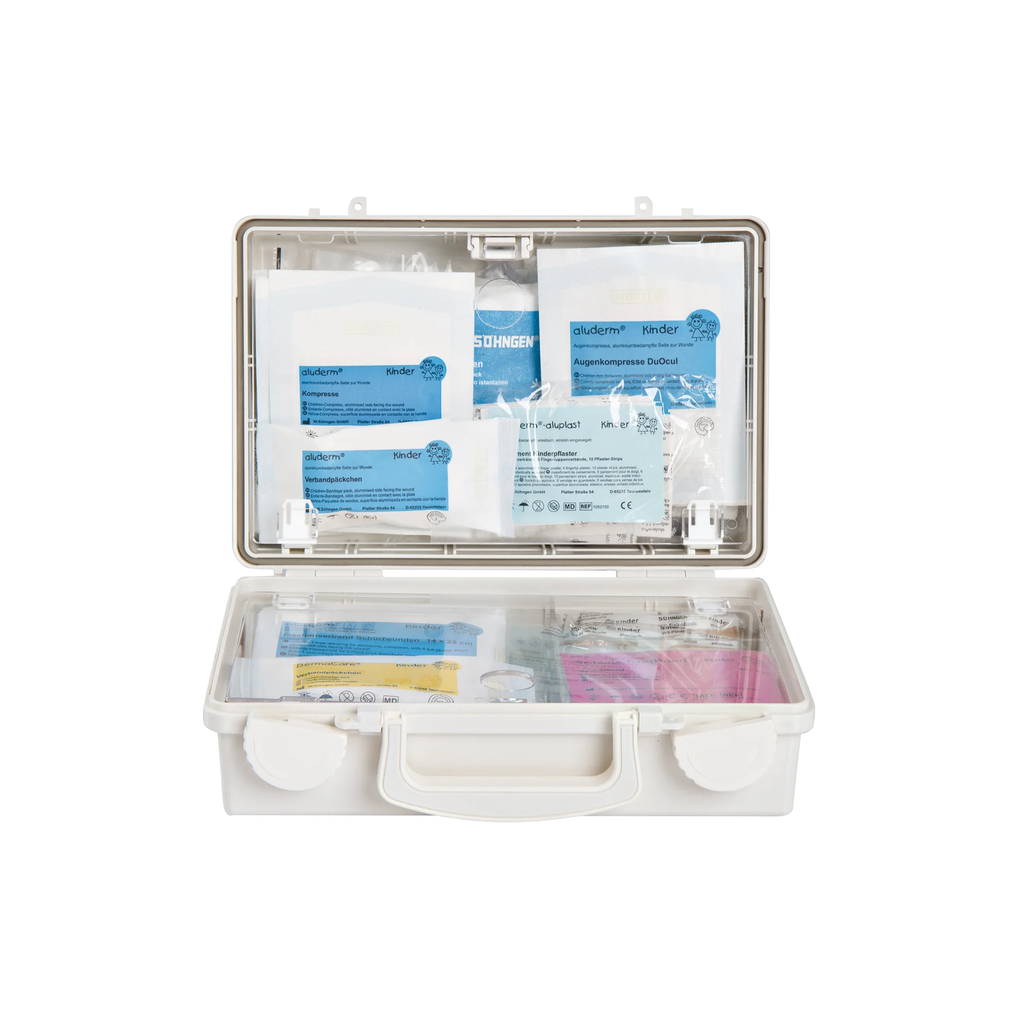 erste-hilfe-koffer, medizinischer-koffer, kunststoff-gehäuse, blaue-packungen, verbandpackungen