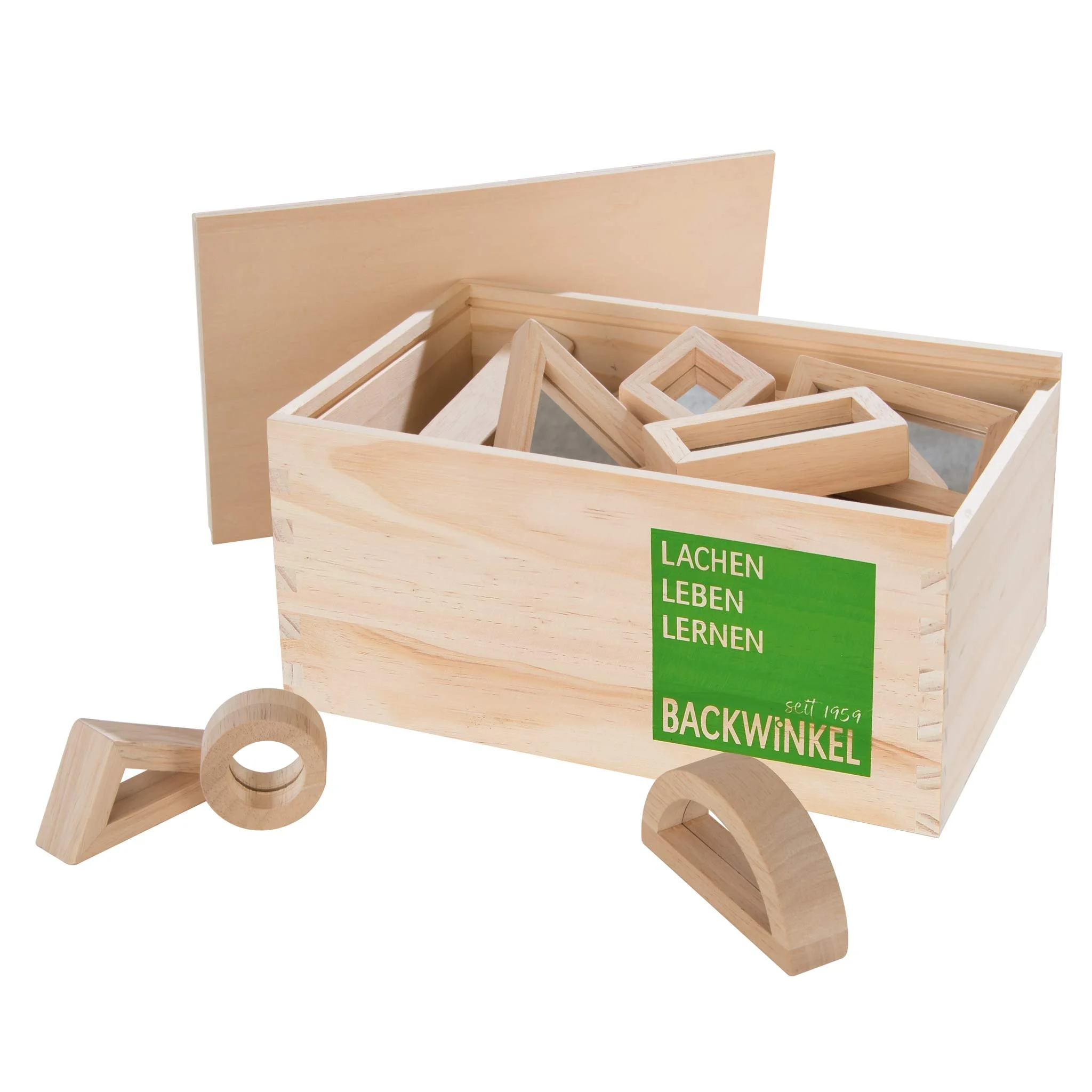Spiegel-Bausteine, 24 Spiegel-Bausteine in der BACKWINKEL-Holzbox