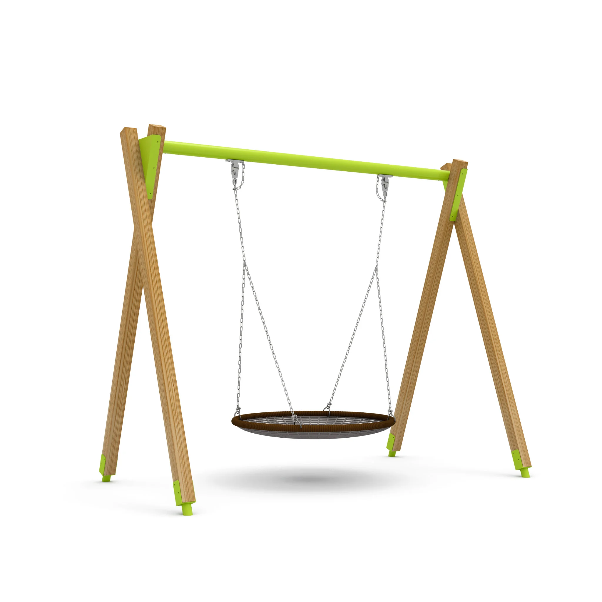 Nestschaukel, Holzgestell, Metallketten, grüne Querstrebe, runde Sitzfläche