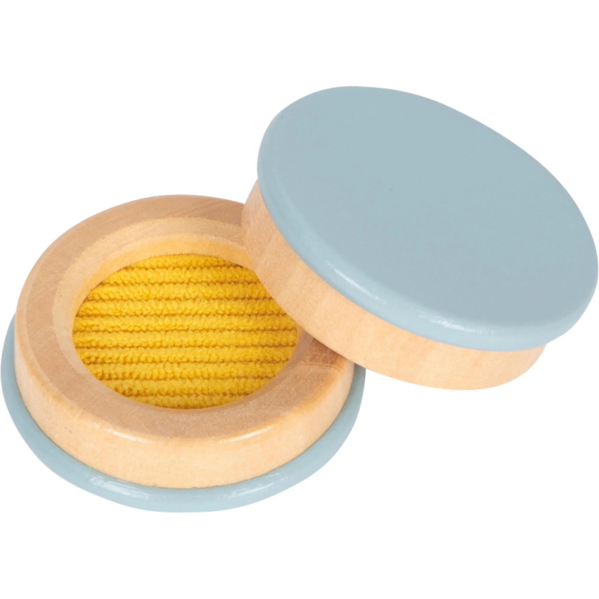 Holzspielzeug, Holzdose, gelbes Innenleben, hellblauer Deckel, rund