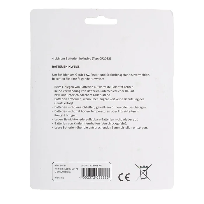 Lithium-Batterie, CR2032, Batteriepack, Hinweise, CE-Symbol