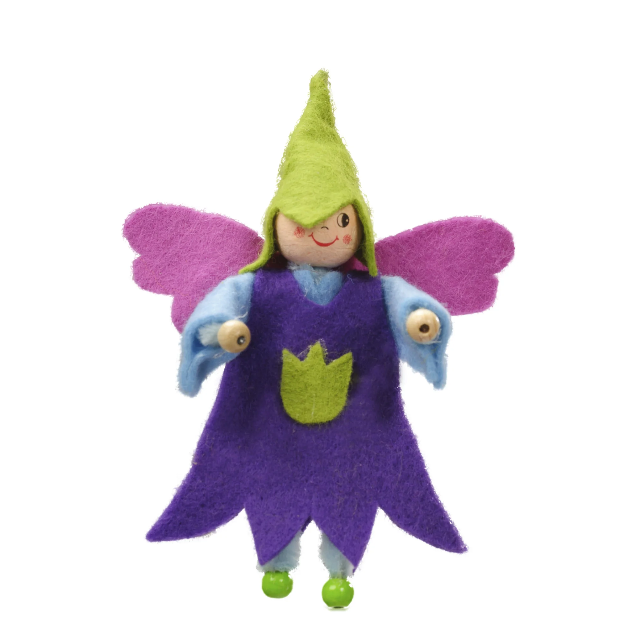 Filzkünstlerfigur, Feen-Puppe, Lila Kostüm, Grüne Mütze, Flügel
