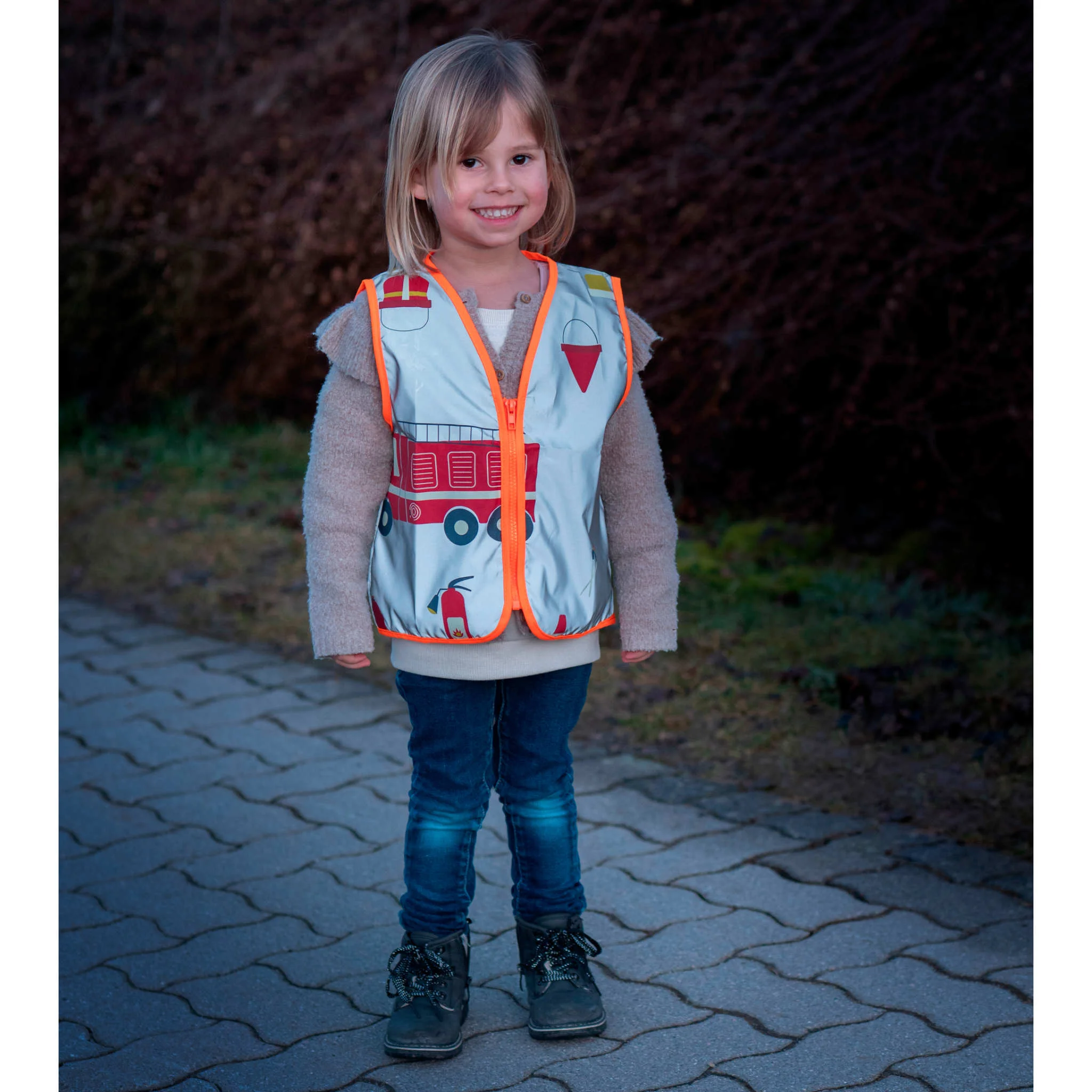 Kinderwarnweste, Reflektierende Weste, Feuerwehrmotiv, Hellblau, Orangefarbene Einfassung