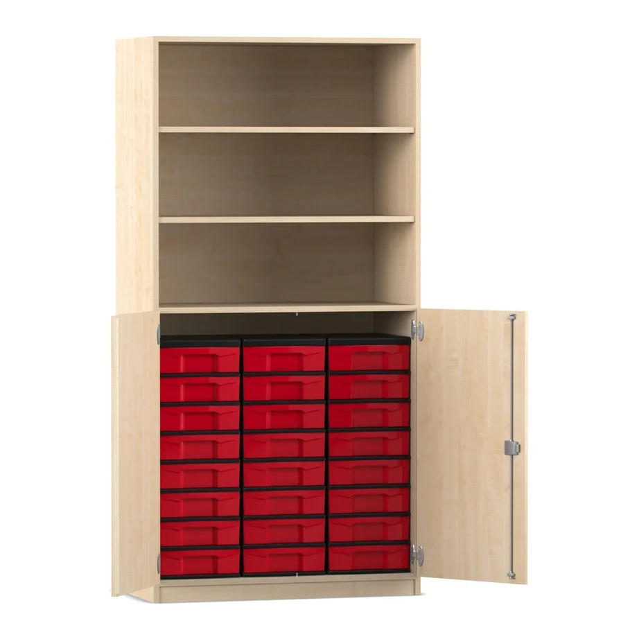 Hutch cabinet, Shelving unit, Red drawers, Wooden cabinet, Storage organizer