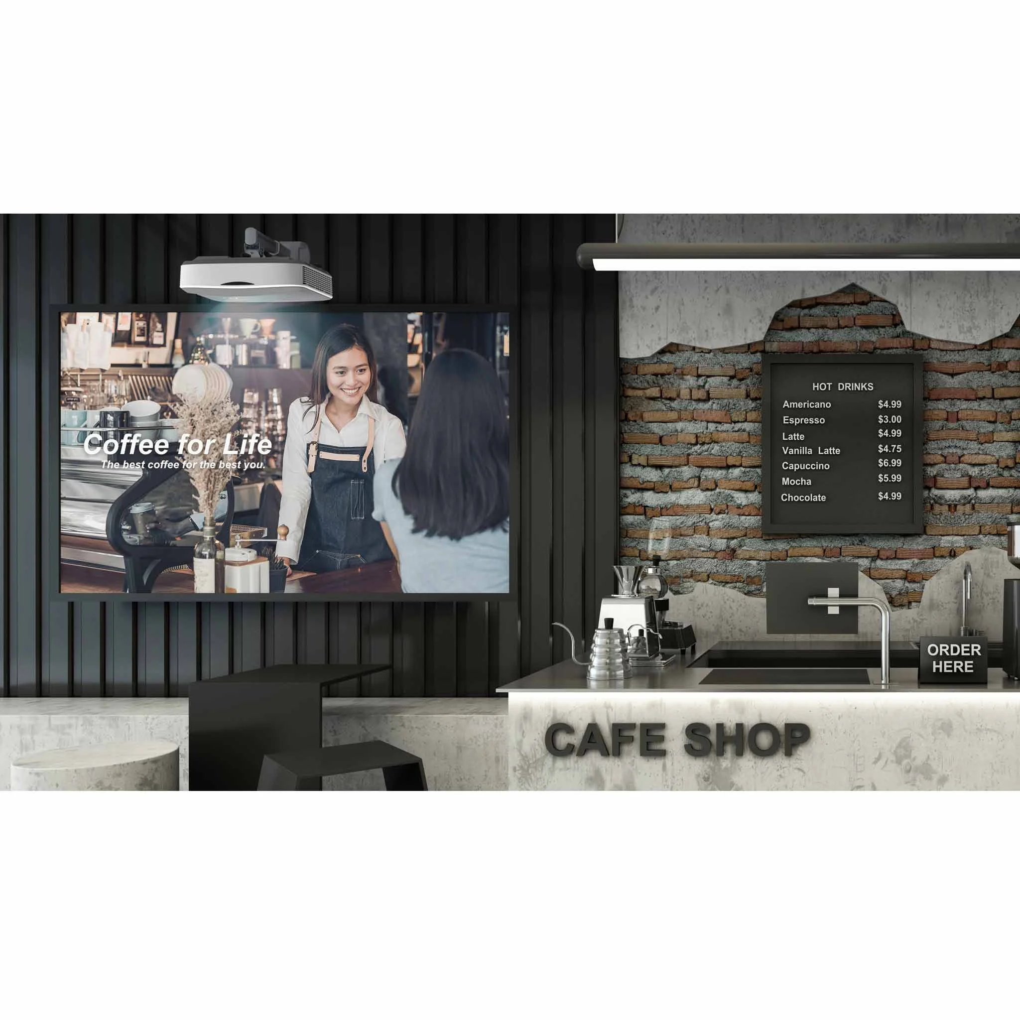cafe Innenraum, Kaffeegeschäft, Kaffee Theke, Speisekarten, Projektor Bildschirm