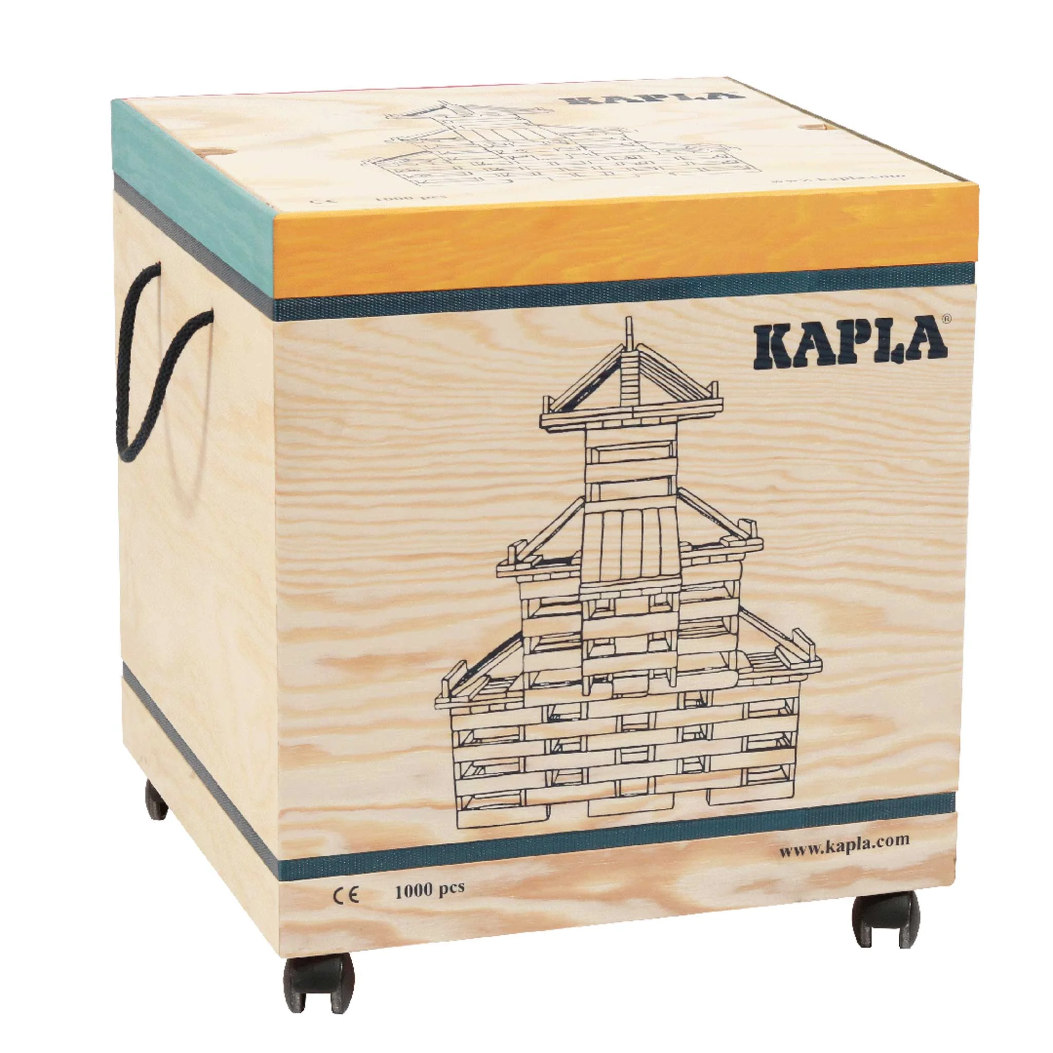 Holzkiste, Aufbewahrungsbox, Wagen mit Rädern, Kapla-Set, Konstruktionsbausteine