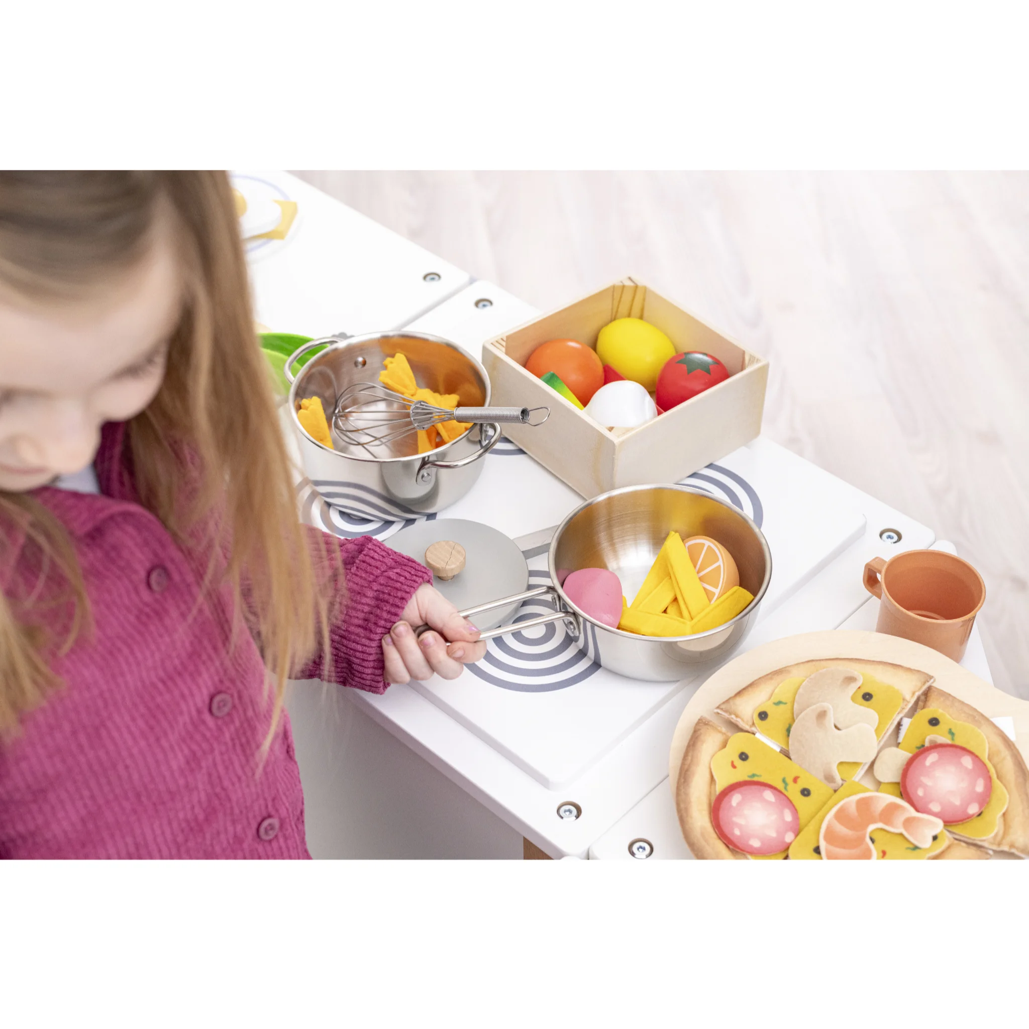 Kinderküche, Küchenutensilien, Holzspielzeug, Früchte, Pizza-Spielset