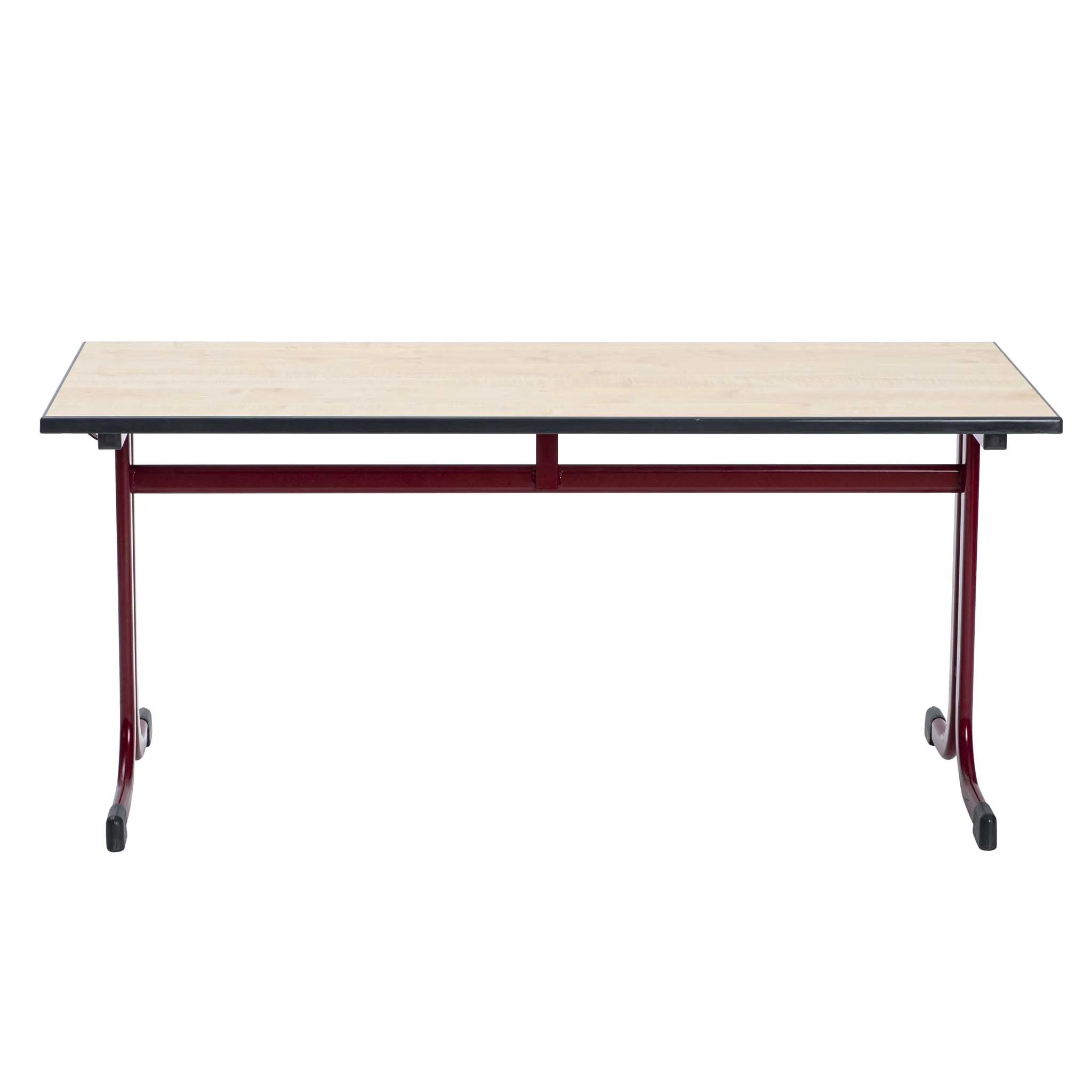 Schreibtisch, Holzoberfläche, Rolltisch, roter Rahmen, Metallgestell