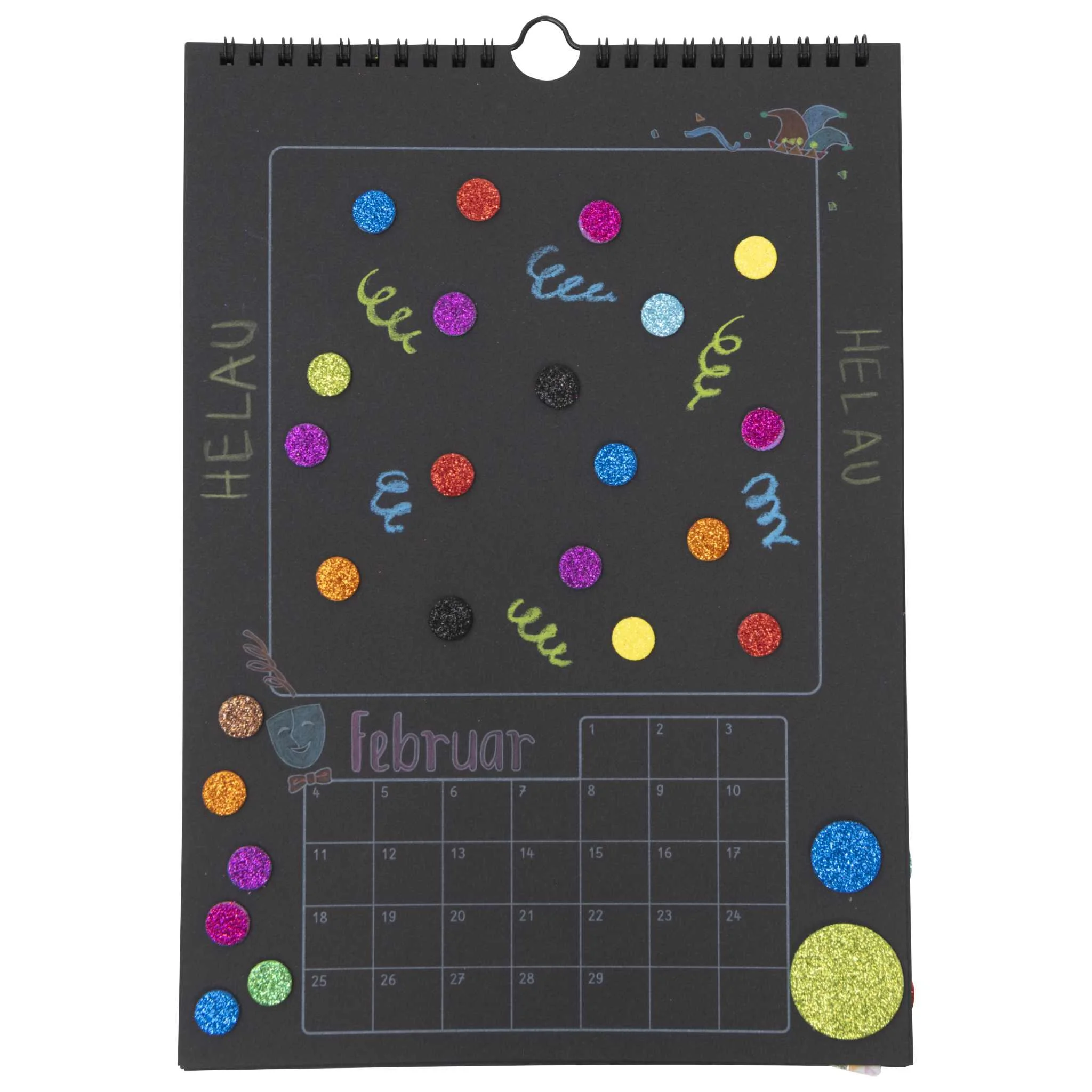 Kalender, Monatskalender, Schwarzpapier, Glitzerpunkte, Februar