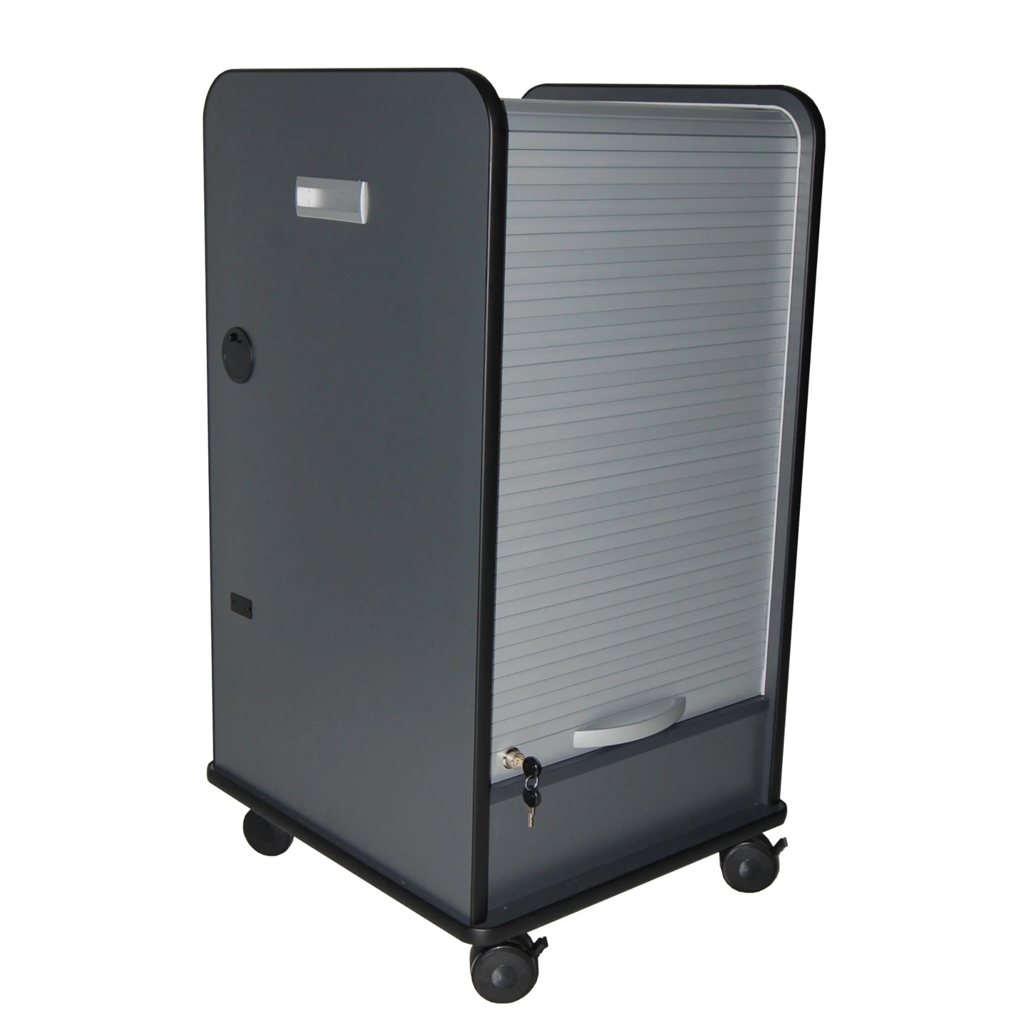 roll-top cabinet, mobiles Büroregal, lockable, steel cabinet, gray color