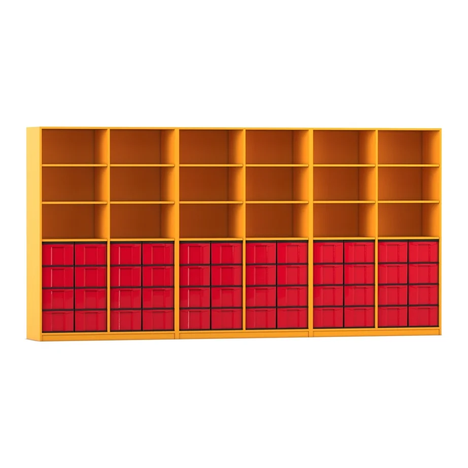cubby shelf, storage unit, yellow cabinet, red boxes, modular shelves