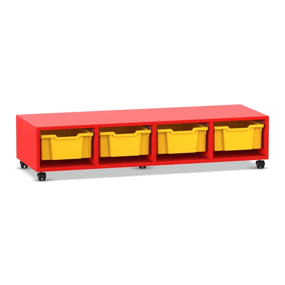 basin storage, mobile cart, under-shelf, yellow bins, red cabinet