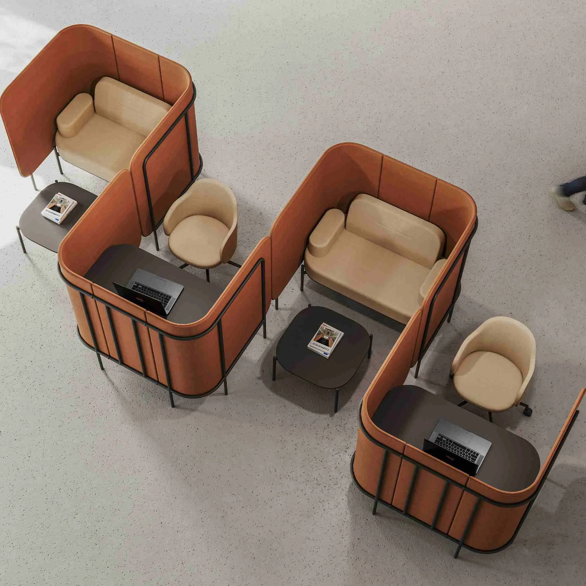 modulare-sofas, sitzgruppen, arbeitsbereich, lederoptik, hohe-wandabtrennung