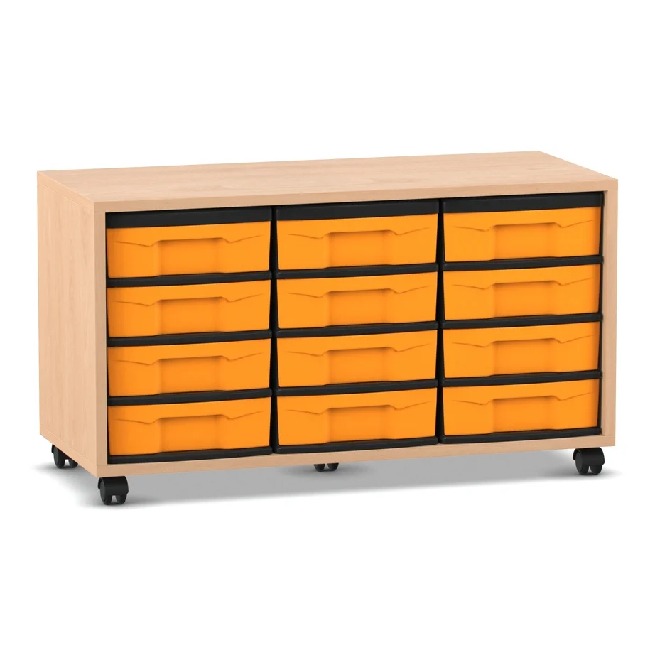 Materialschrank - 12 flache Boxen, 3-reihig, Buche hell