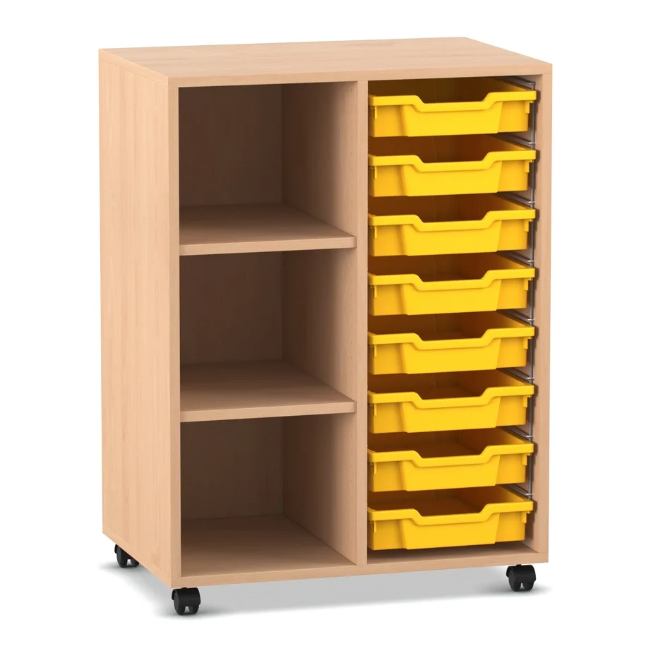 Klassenzimmerregal, 99,1 x 73,1 x 48, mit 8 Gratnells-Boxen und 2 Böden, Buche hell