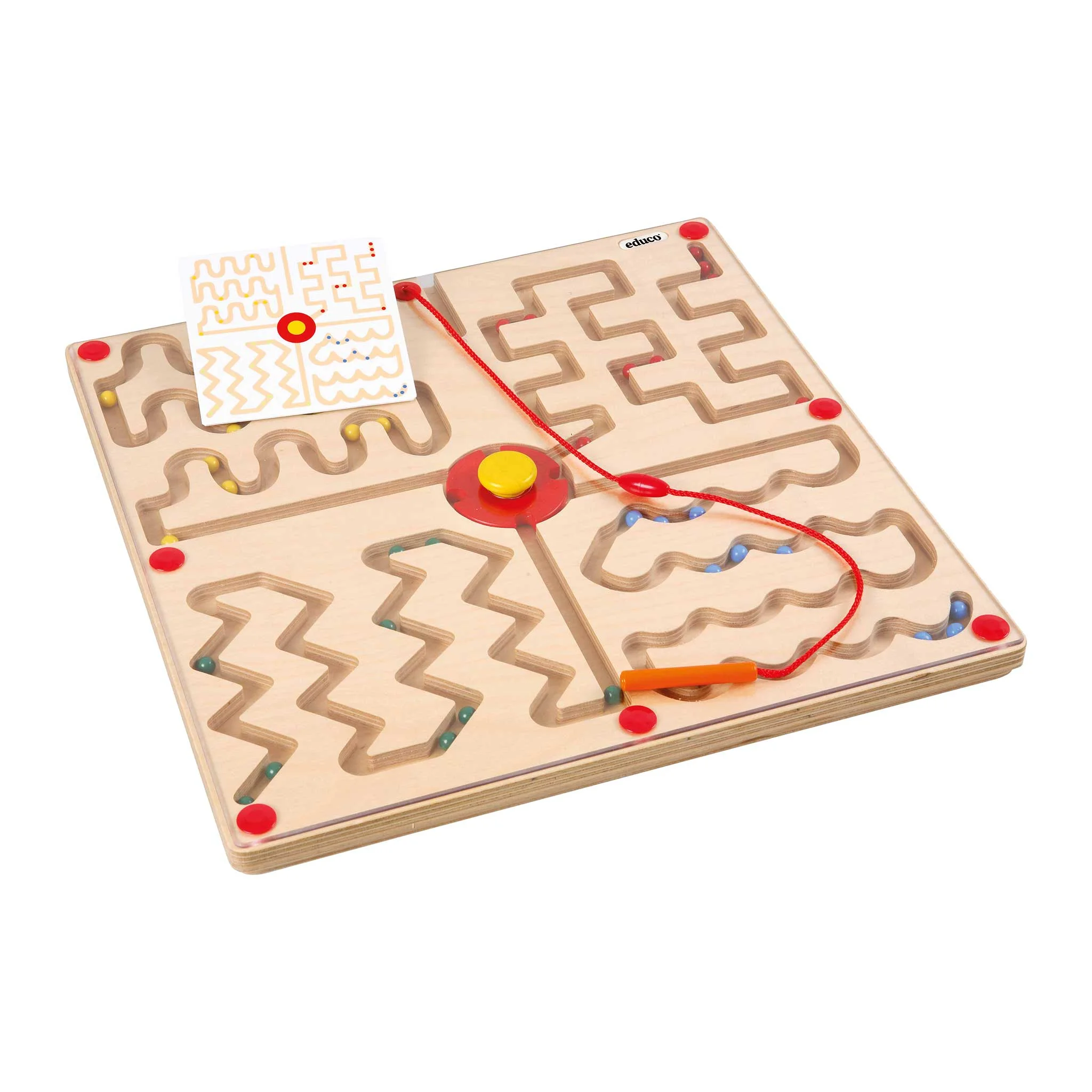 Holz-Spielbrett, Labyrinth, Geduldsspiel, Farbakzente, Stift/Seil-System