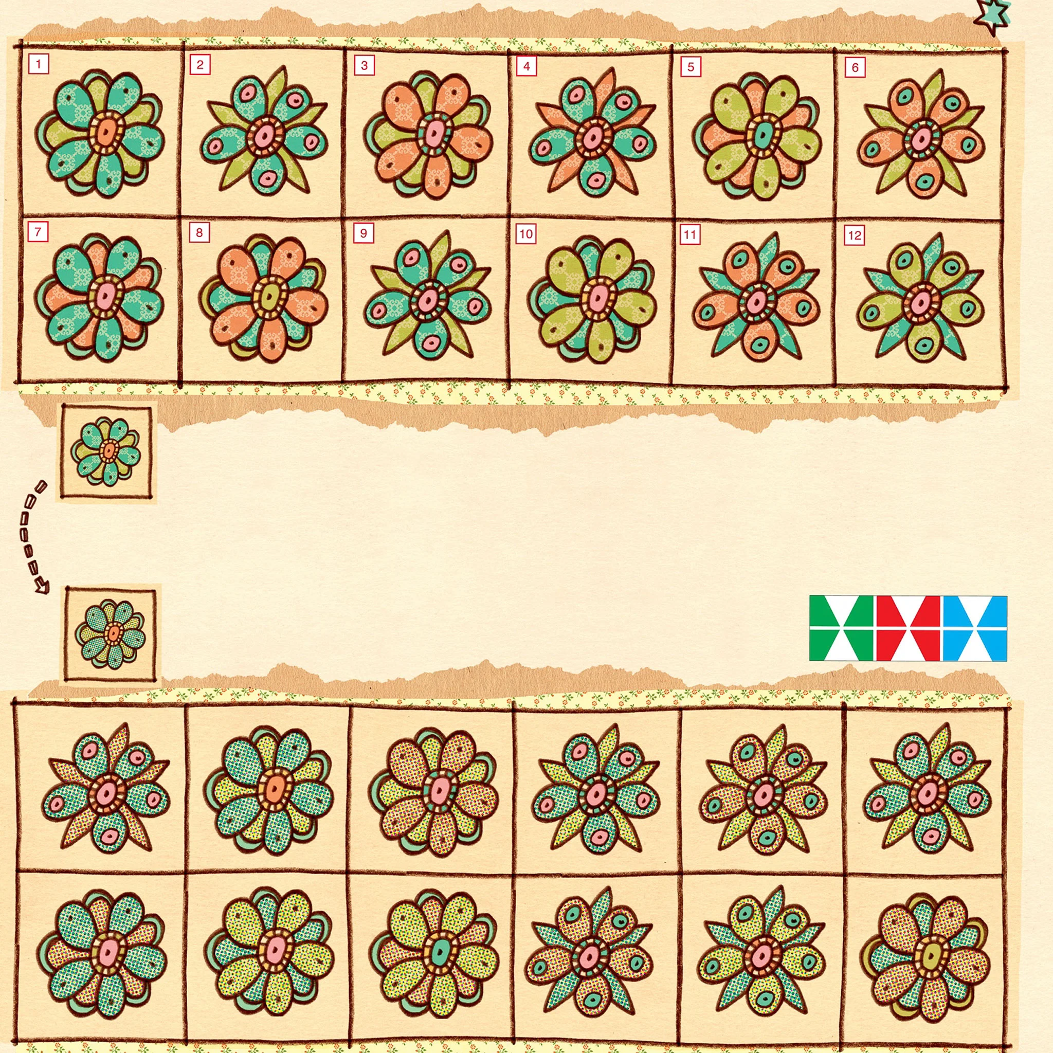 blume, floral, muster, aufnäher, fliese