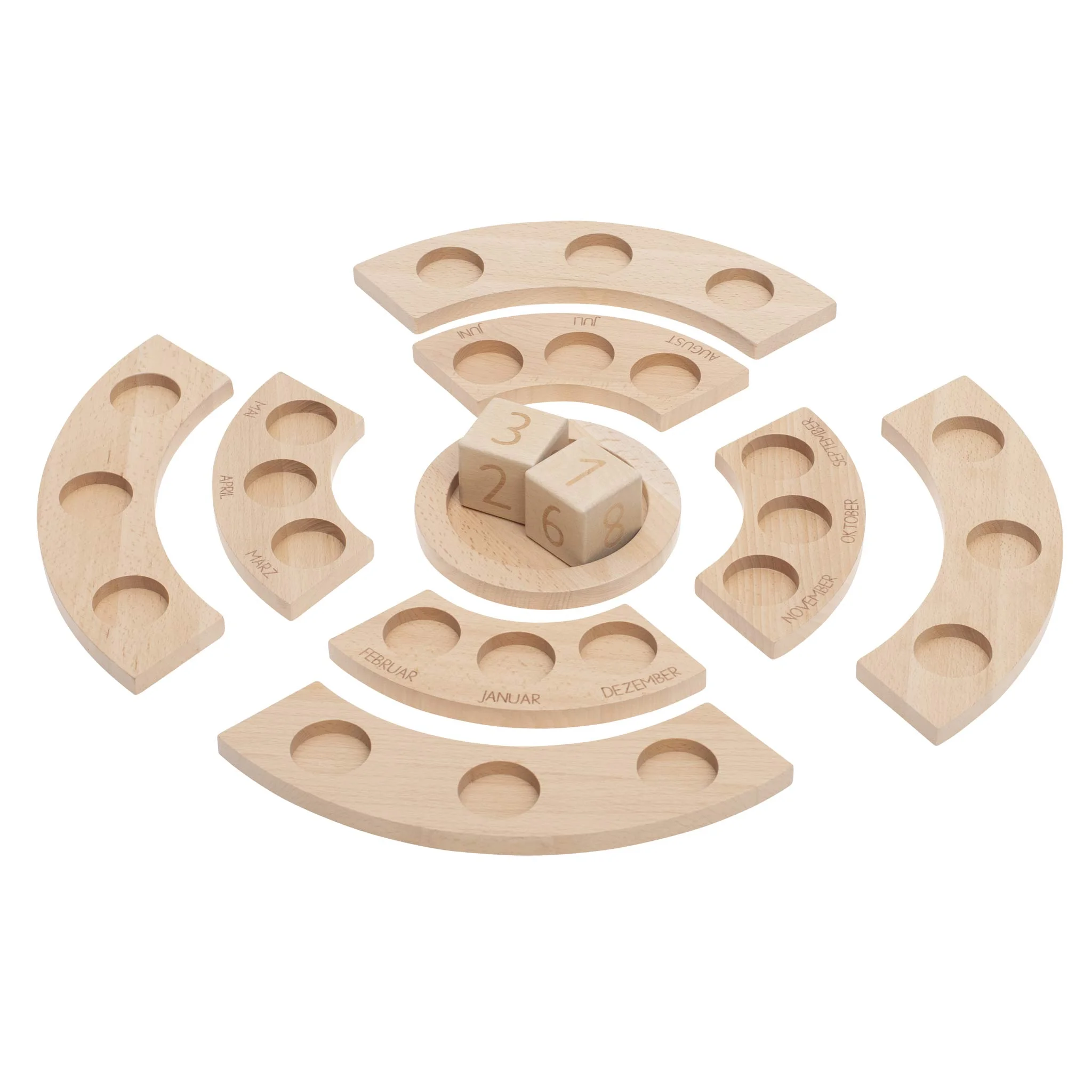 Holzspielzeug, Monatsscheibe, Zahlenwürfel, Holzbausteine, Kinderuhr