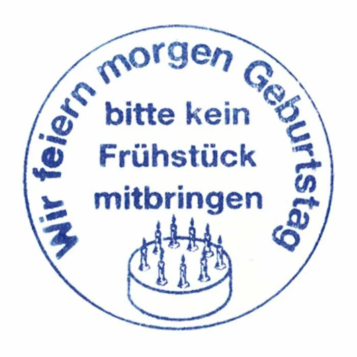 aufkleber, round stamp, bitte kein frühstück mitbringen, geburtstags cake, feierliches logo