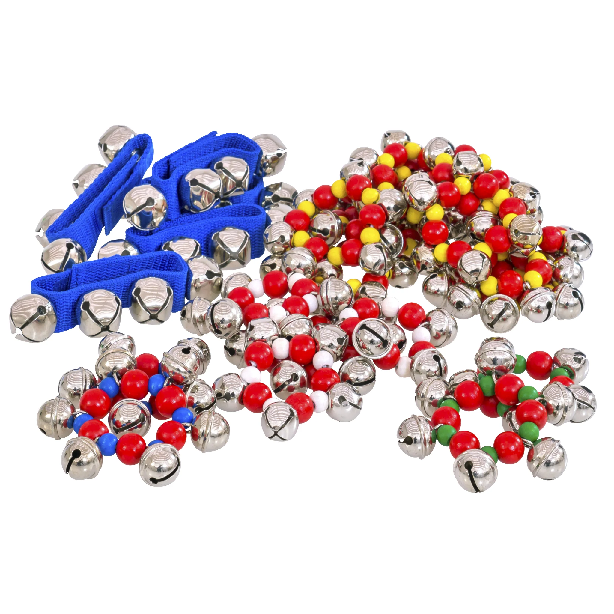 Glocken, Metallkugeln, bunte Perlen, blauer Träger, Weihnachtsdekoration