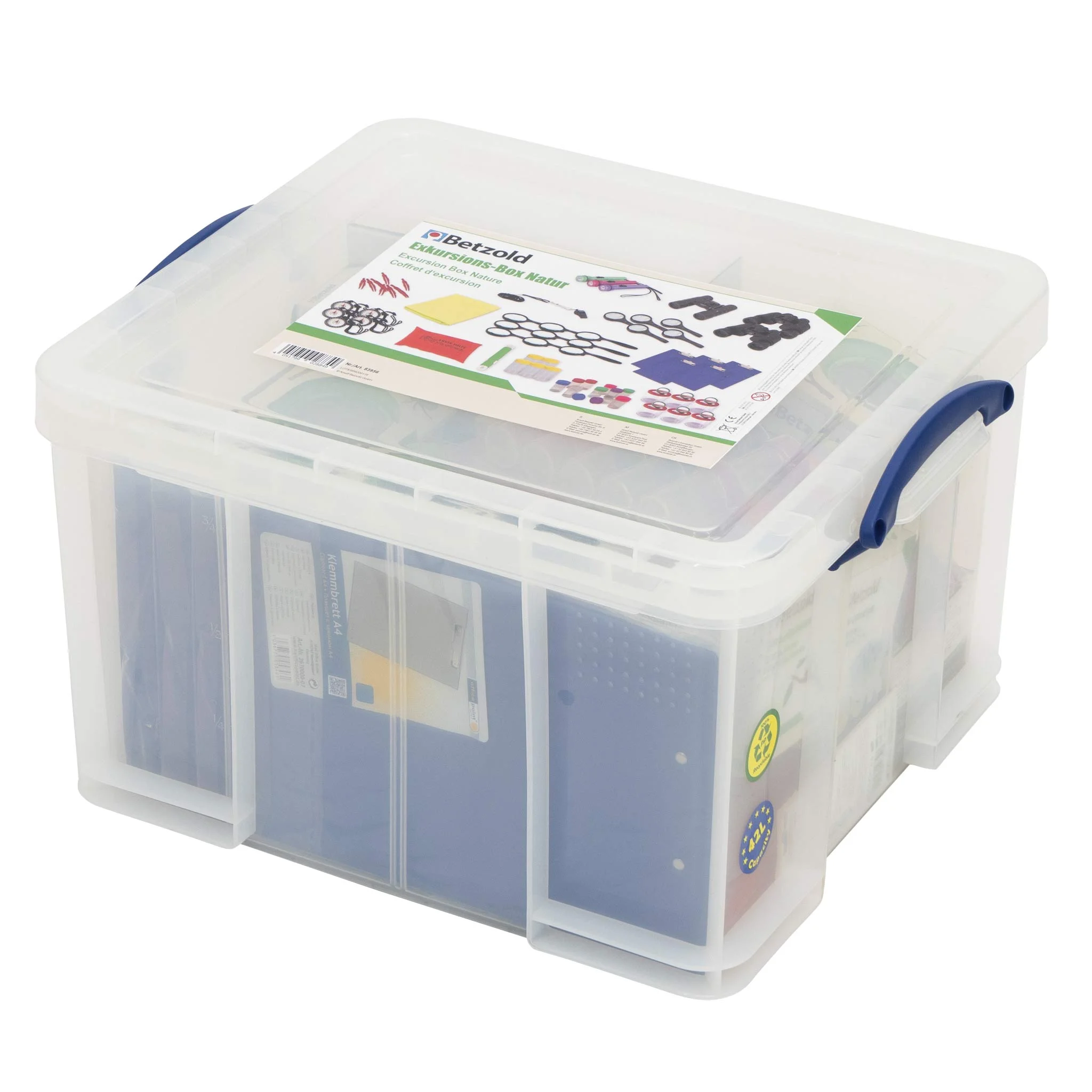 Aufbewahrungsbox, Kunststoffbox, durchsichtiger Deckel, blaue Einsätze, Organisationsset