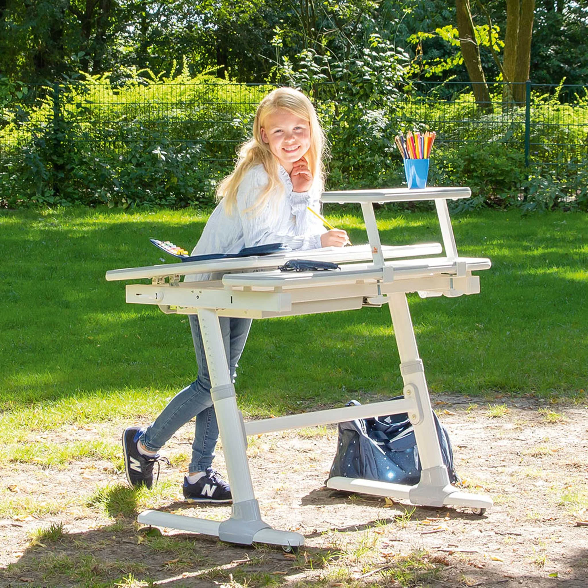 Schreibtisch, Schülerstandtisch, Lernwerkbank, Kinderhöhe, Holz/Metall-Kombination