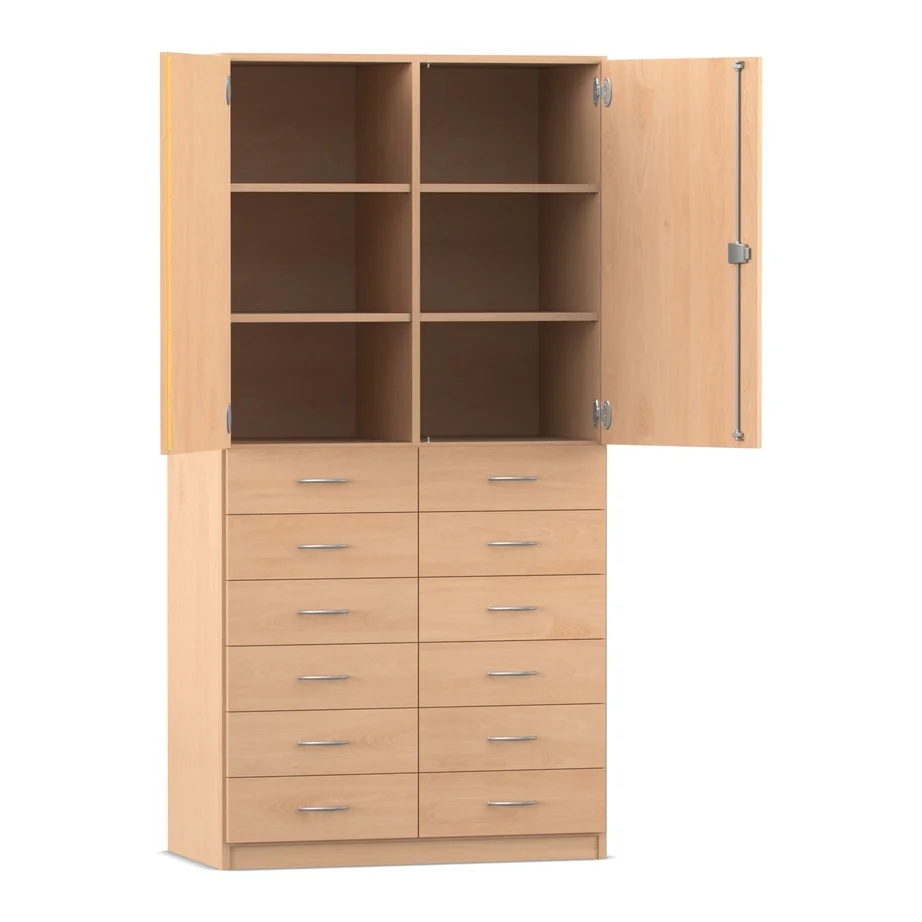 Schrank mit 12 Holzschubladen, 190 x 94,4 cm, mit Mittelwand, Buche hell