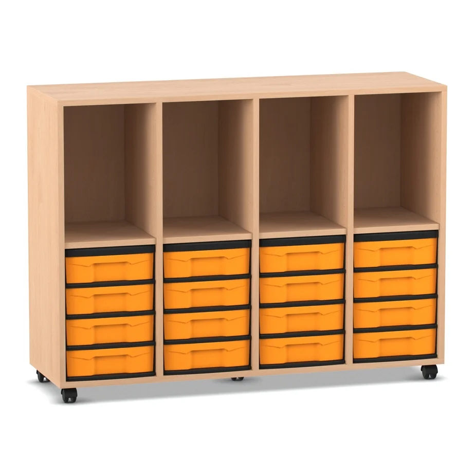 Klassenzimmerregal, 98 x 40,8 x 130,7, mit 4 Fächern und 16 Boxen, Buche hell