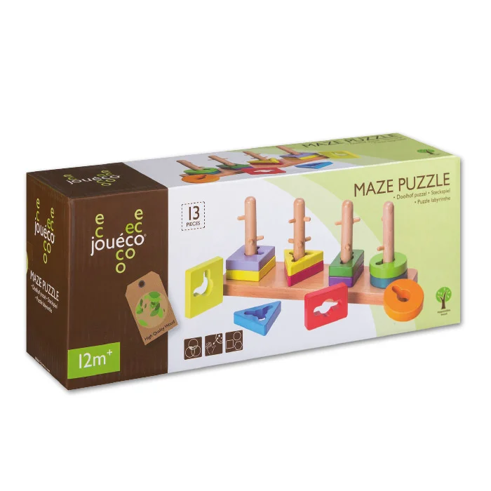 Maze-Puzzle, Holzbausteine, Bunte Bausteine, Stützstifte, 13 Stücks