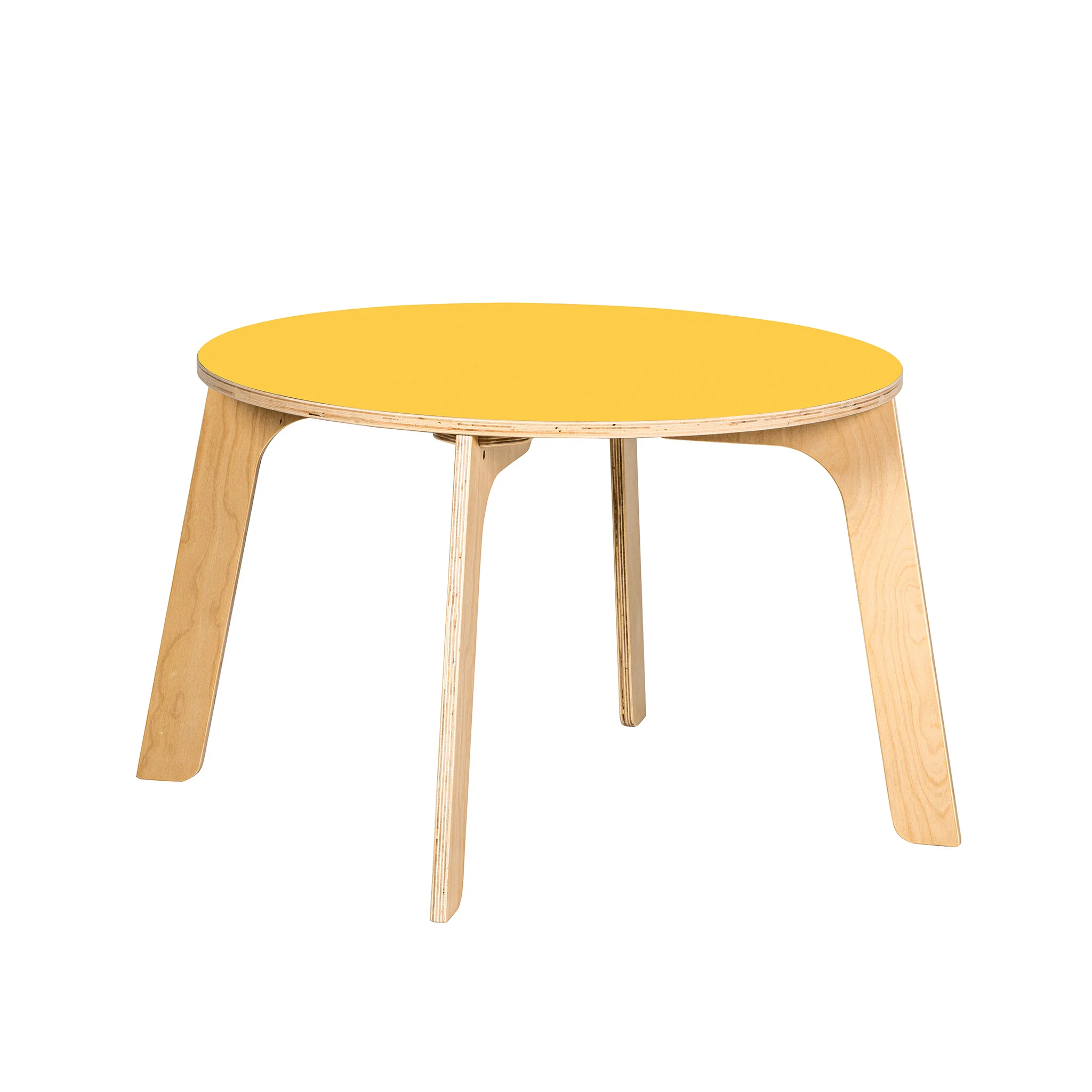 Tisch, Holztisch, runder Tisch, gelber Tisch, Beine aus Holz