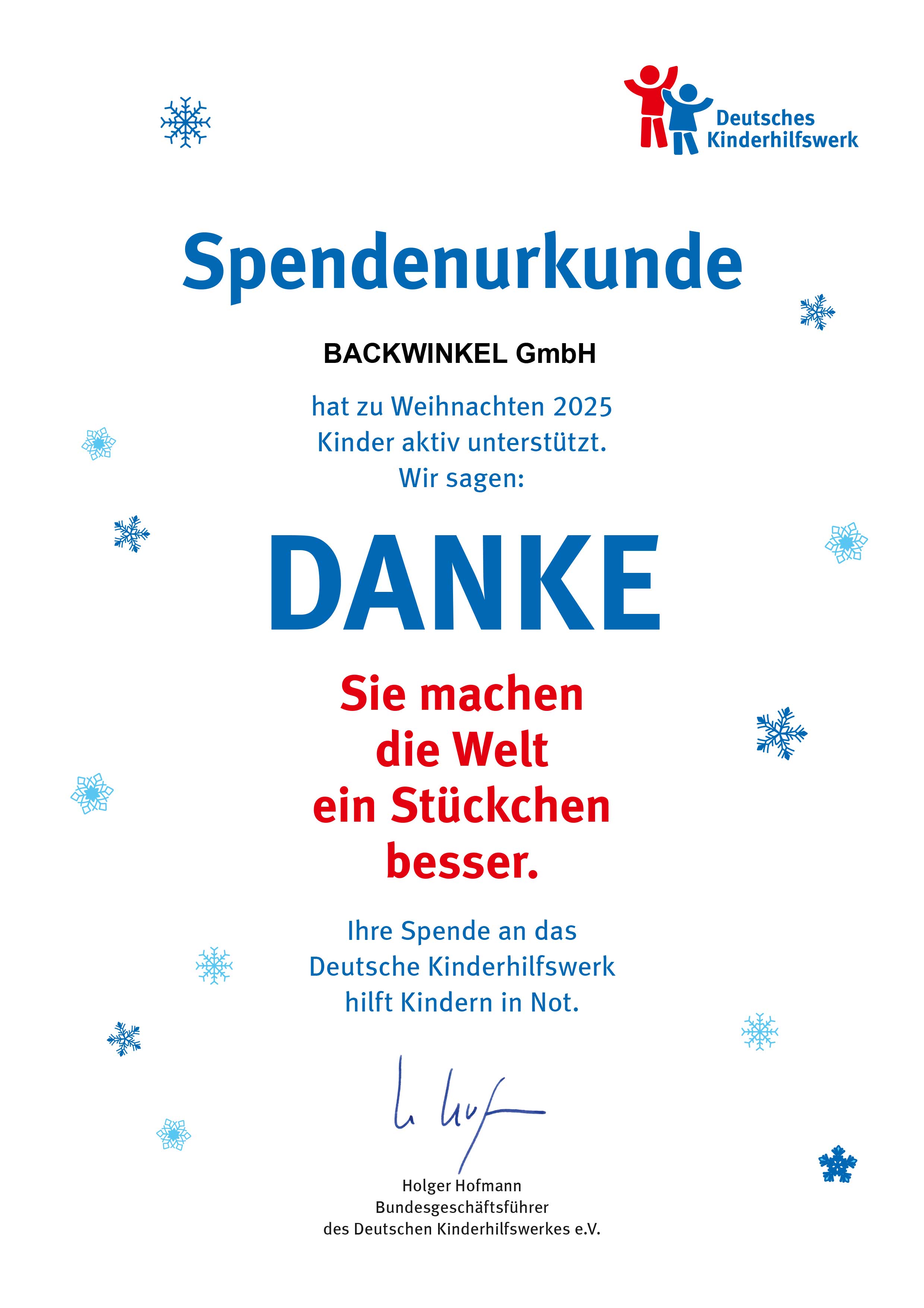 Urkunde Spende an Deutsches Kinderhilfswerk
