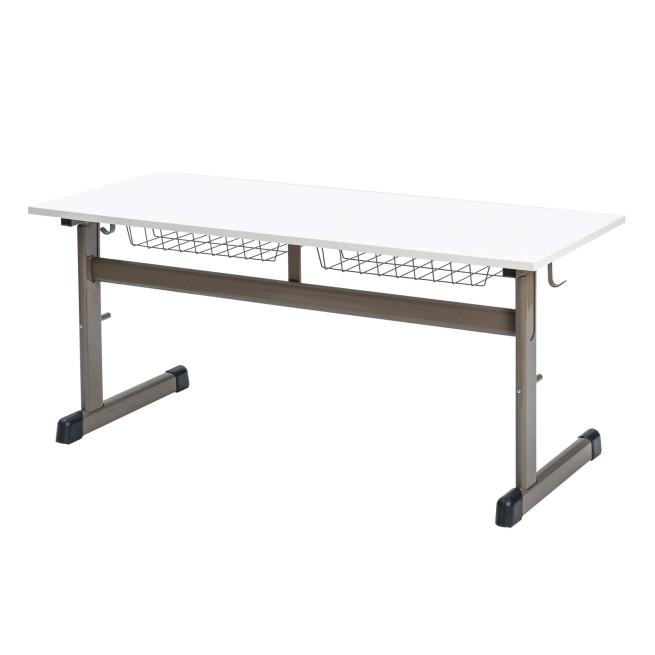 Zweier-Schülertisch mit L-Fuß-Profil – höhenverstellbar, mit Drahtkorbablage und Rollen 
