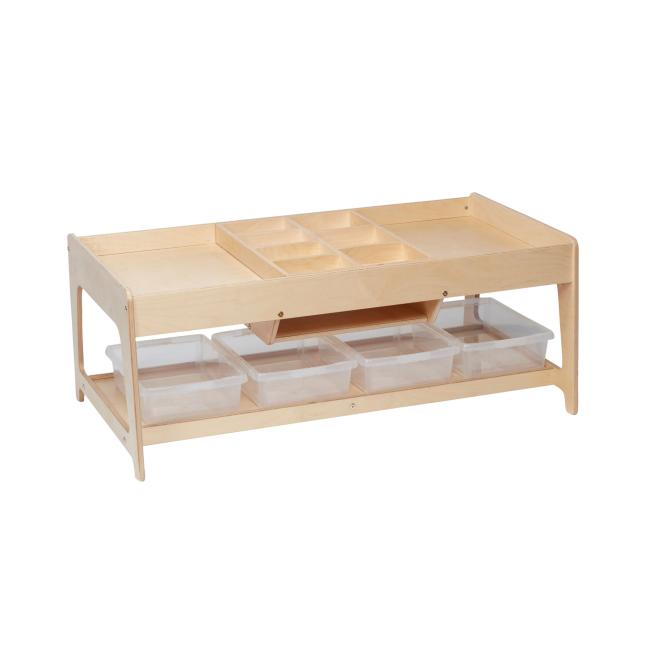 Spieltisch aus Holz mit 4 Kunstoffboxen