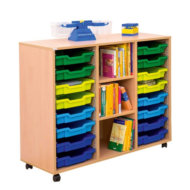 Klassenzimmerregal, 99,1 x 108,5 x 48, mit 16 Gratnells-Boxen und 2 Böden 