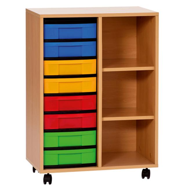 Klassenzimmerregal, 66,5 x 40,8 cm, mit 3 Fächern und 8 Boxen 