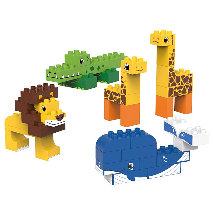 Bausteine aus Holz mit Tieren 18 tlg mit Tieren Giraffe,Löwe,Krokodil 