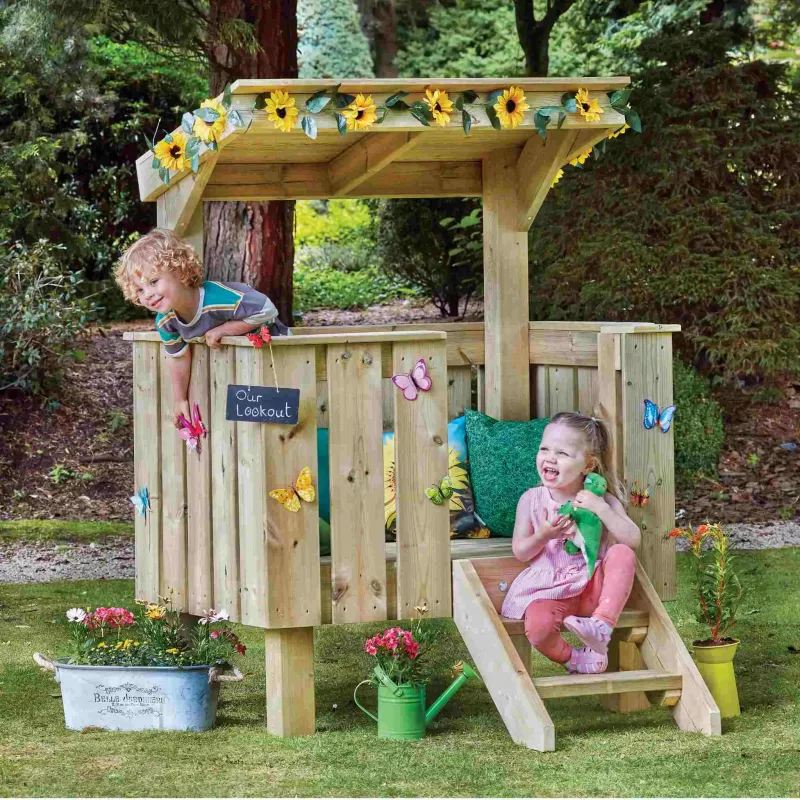 Kinderholzspielhaus, Holzspielhaus, Garten-Spielhaus, Sonnenblumen-Deko, Outdoor-Spielstruktur