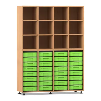 storage unit, cabinet, storage shelves, green drawers, wooden furniture