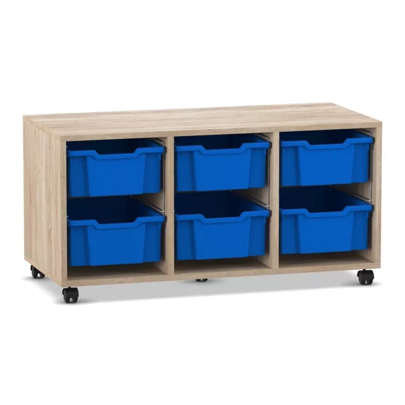 rollbare Schrank, Aufbewahrungskart, Holzkasten, blaue Behälter, 3-reihige Aufbewahrung