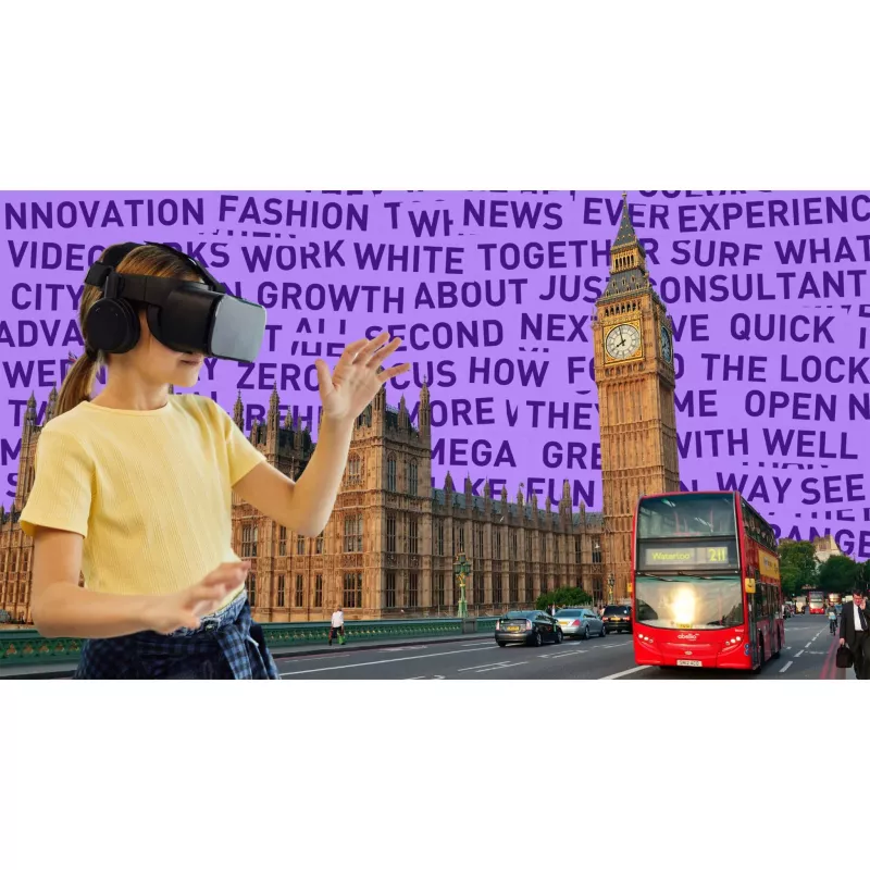 virtuelle realität, VR-Headset, Mädchen, Stadtlandschaft, Bus