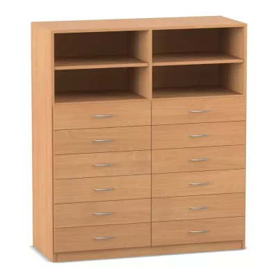 Mittelhohe Schrankkombination, mit Mittelwand, 12 kleine Holzschubladen